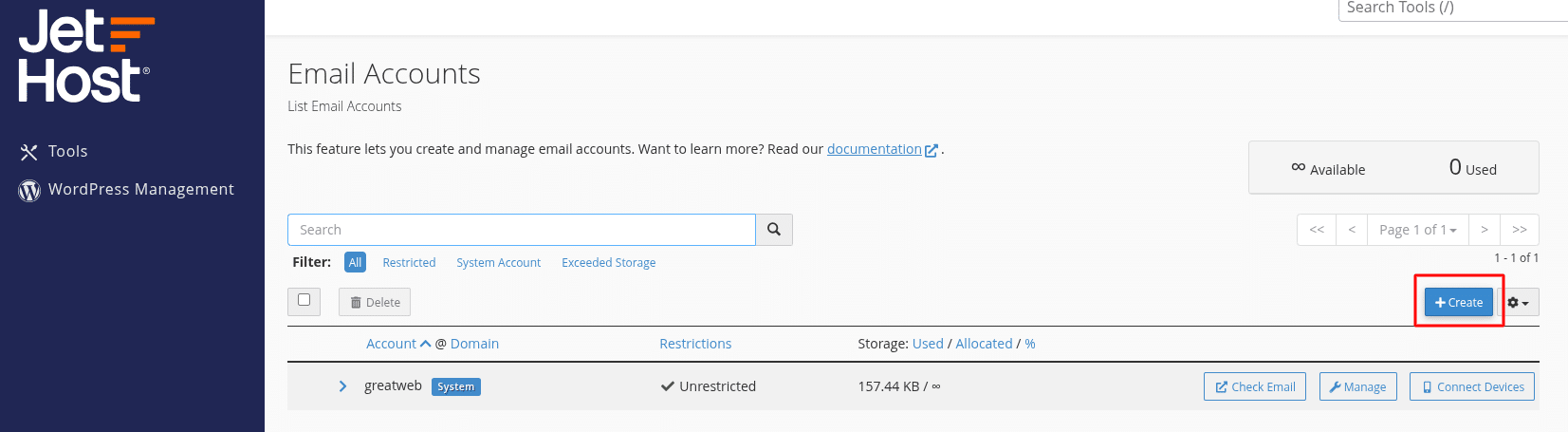 Create an email account with JetHost