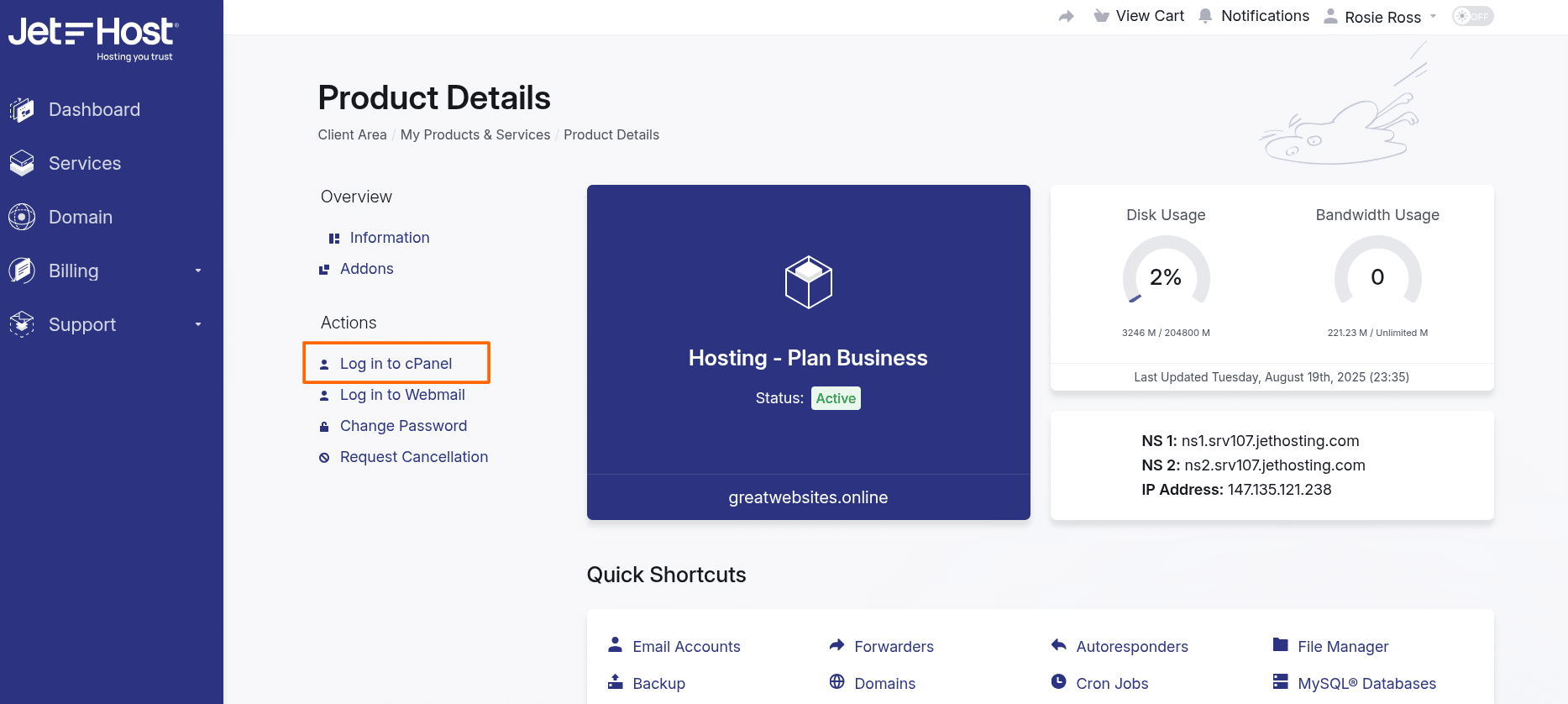 Hosting management in client area at JeetHost