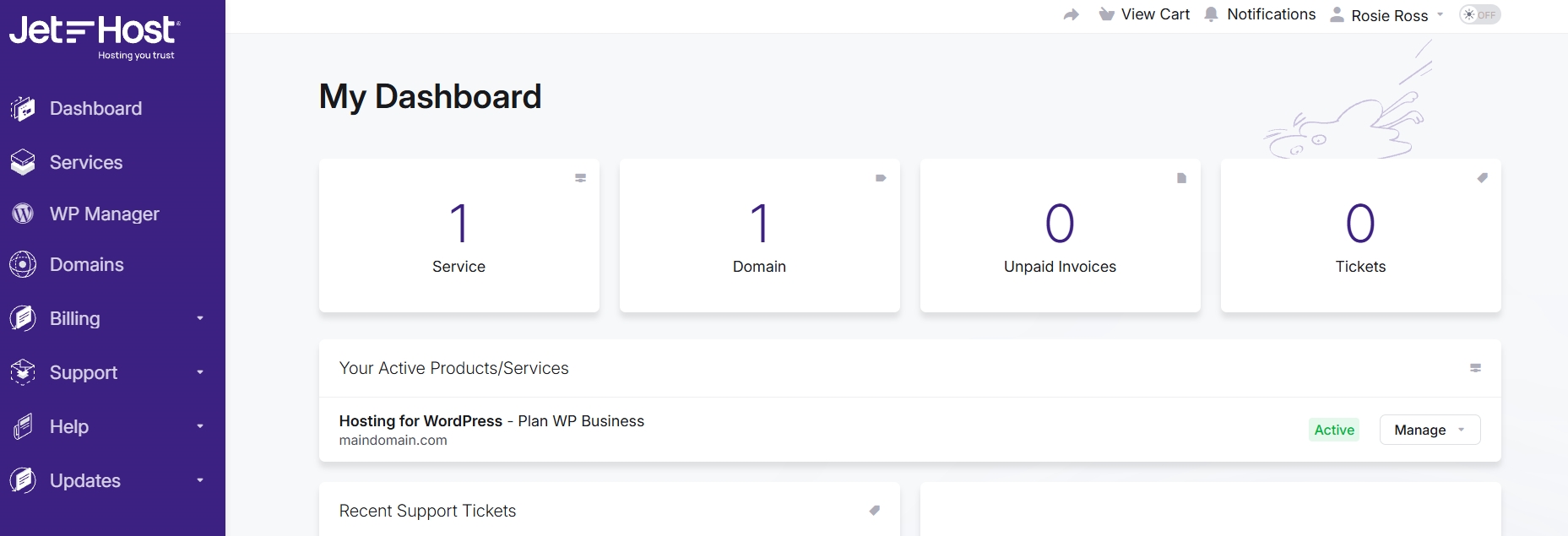 JetHost Client Area Dashboard