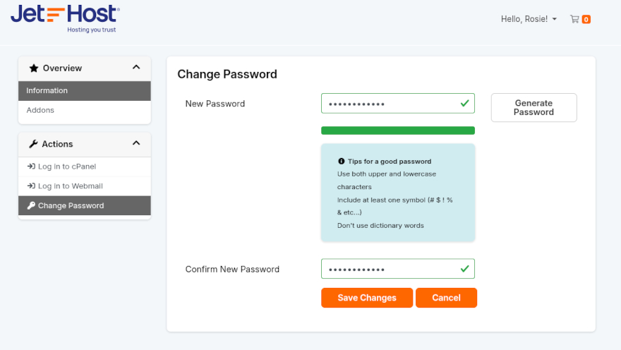 How to change cPanel password on JetHost