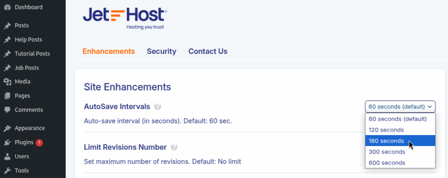 JetHost Total Care WordPress Autosave Intervals settings