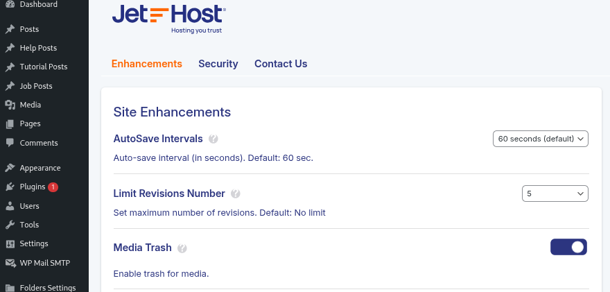 JetHost Total Care WordPress Media Trash settings