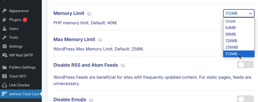 JetHost Total Care WordPress Memory Limit settings