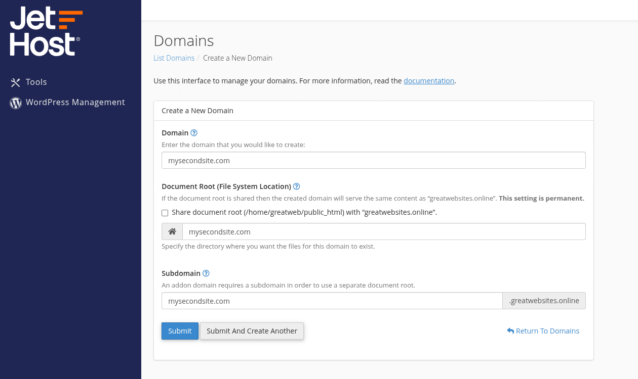 JetHost add new domain cPanel