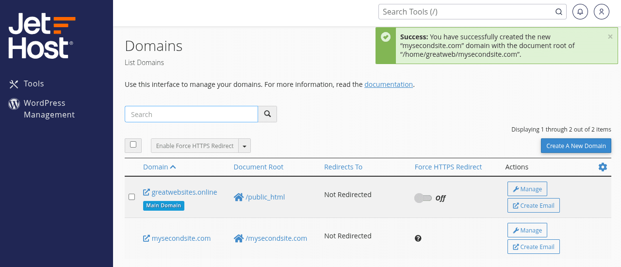 JetHost add new domain cPanel - Success