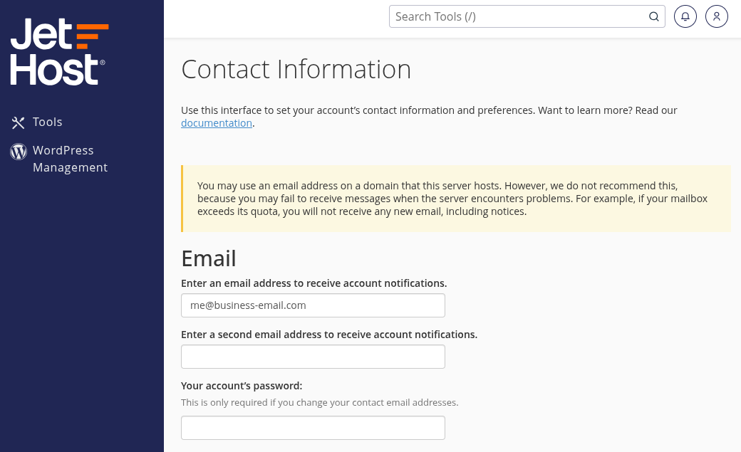 JetHost cPanel Contact Information Change