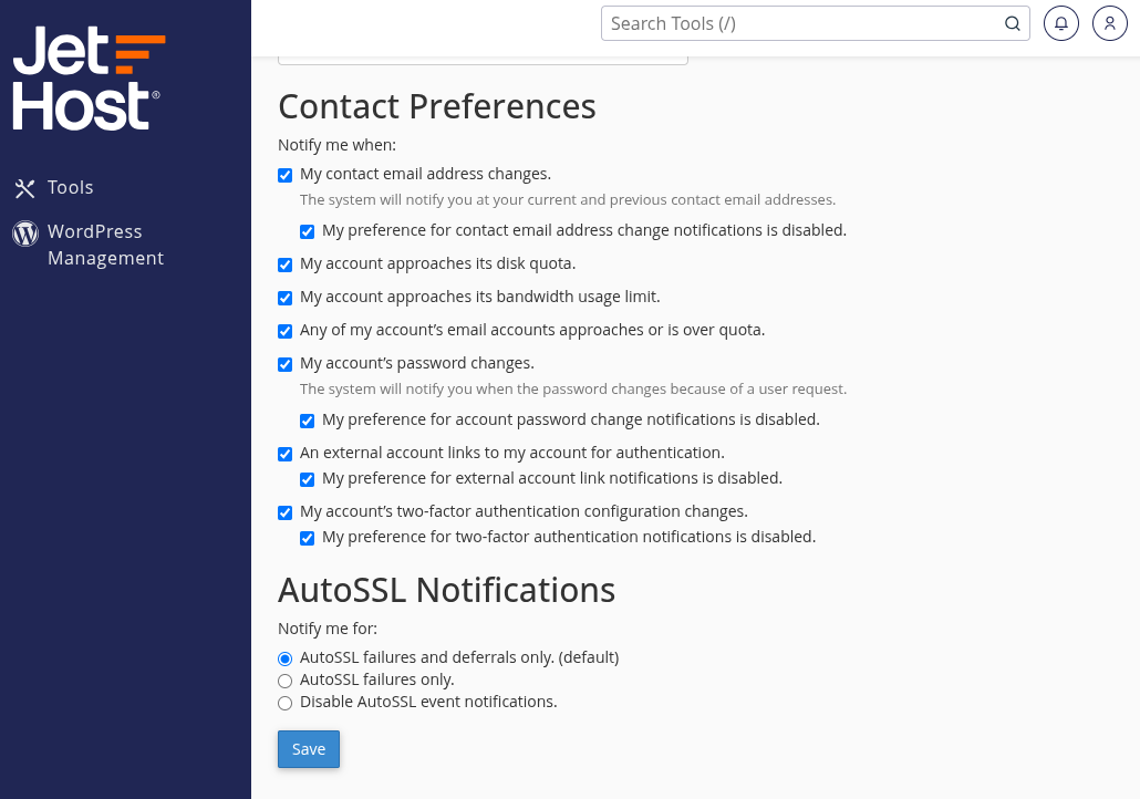 JetHost cPanel Contact Information Preferences