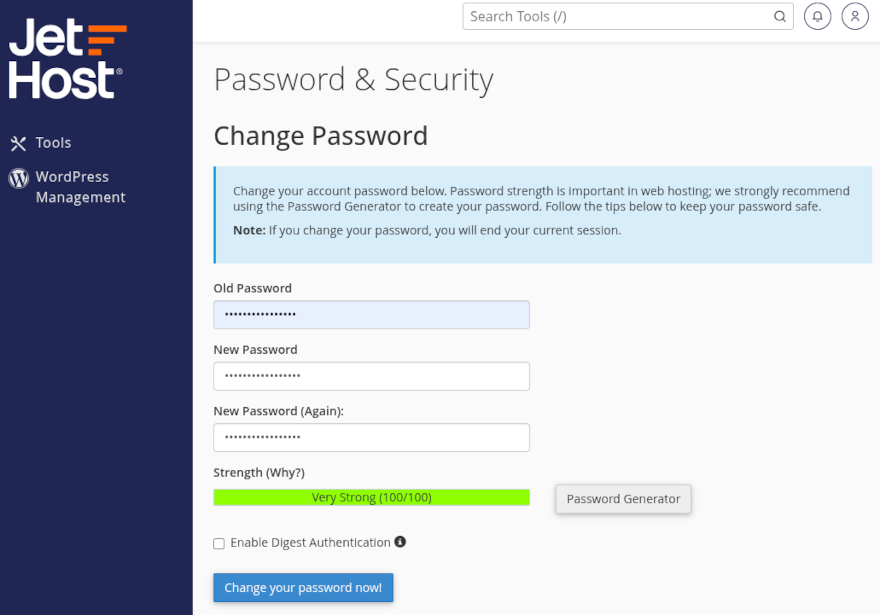 How to change cPanel password on JetHost

