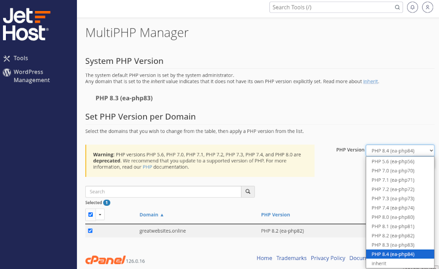 PHP change JetHost