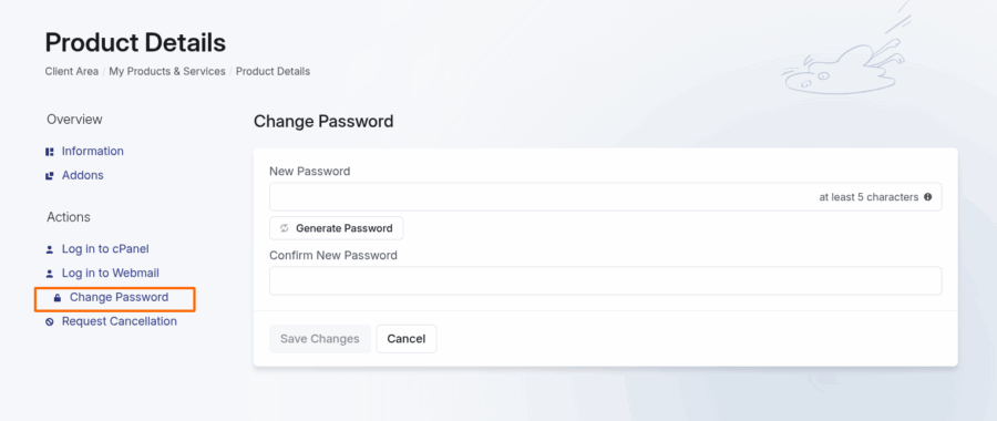 Client area change cPanel hosting password