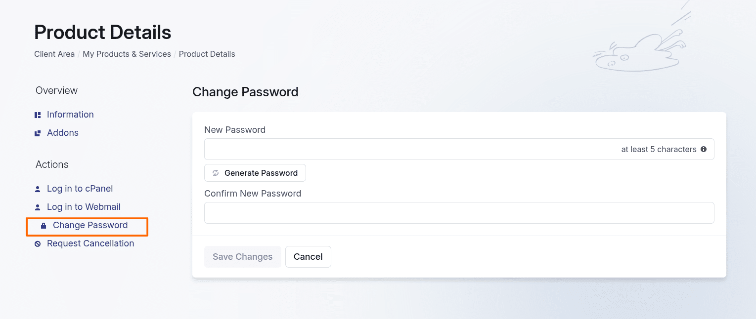 Client area change cPanel hosting password