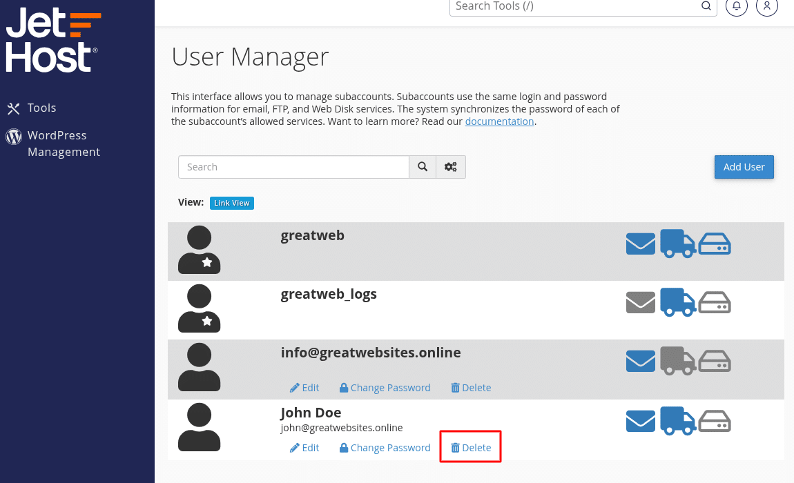 How to Delete a User with User Manager in cPanel