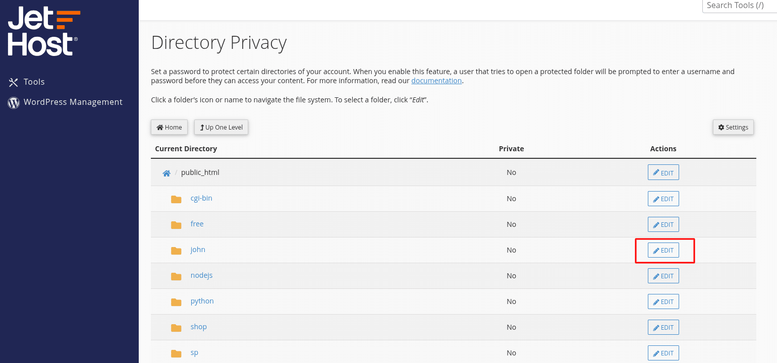 How to use Directory Privacy in cPanel on JetHost