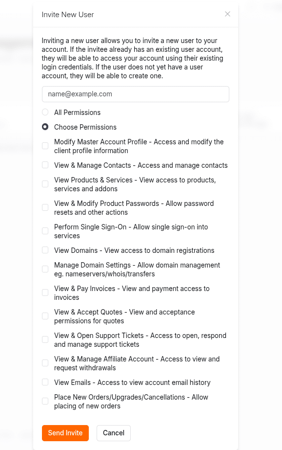 JetHost Client Area User Choose Permissions
