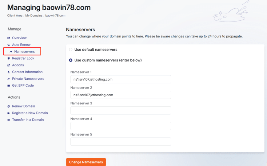 Change domain nameservers at JetHost
