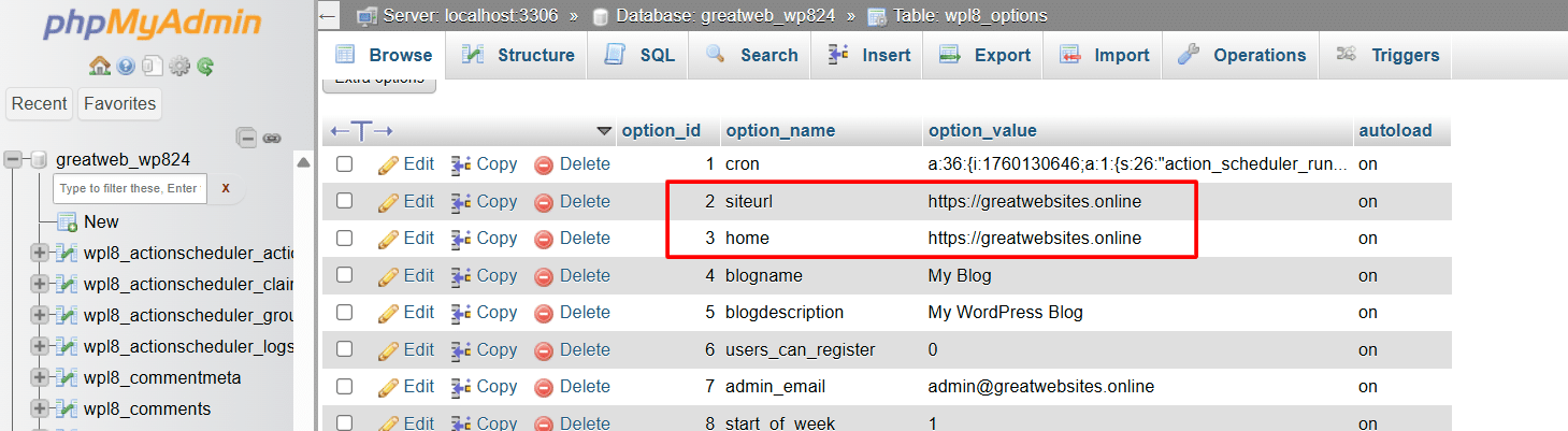 WordPress Site URL and Home URL Database