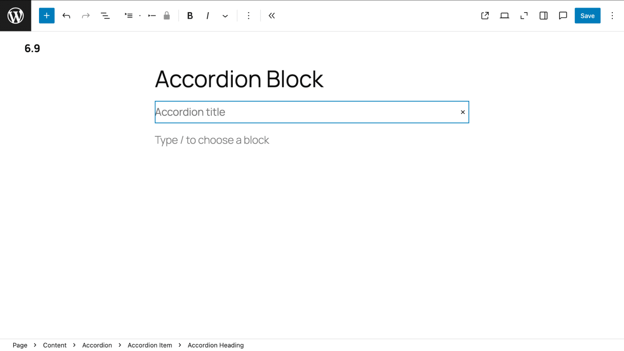 New - accordion block in WP 6.9