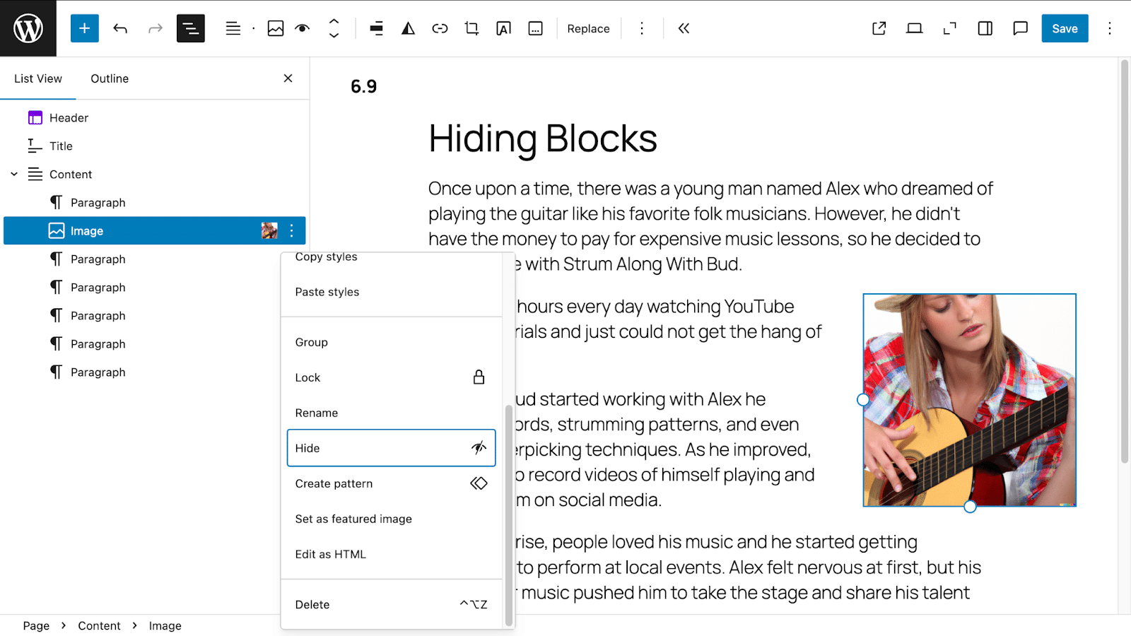 Hide blocks in WP 6.9