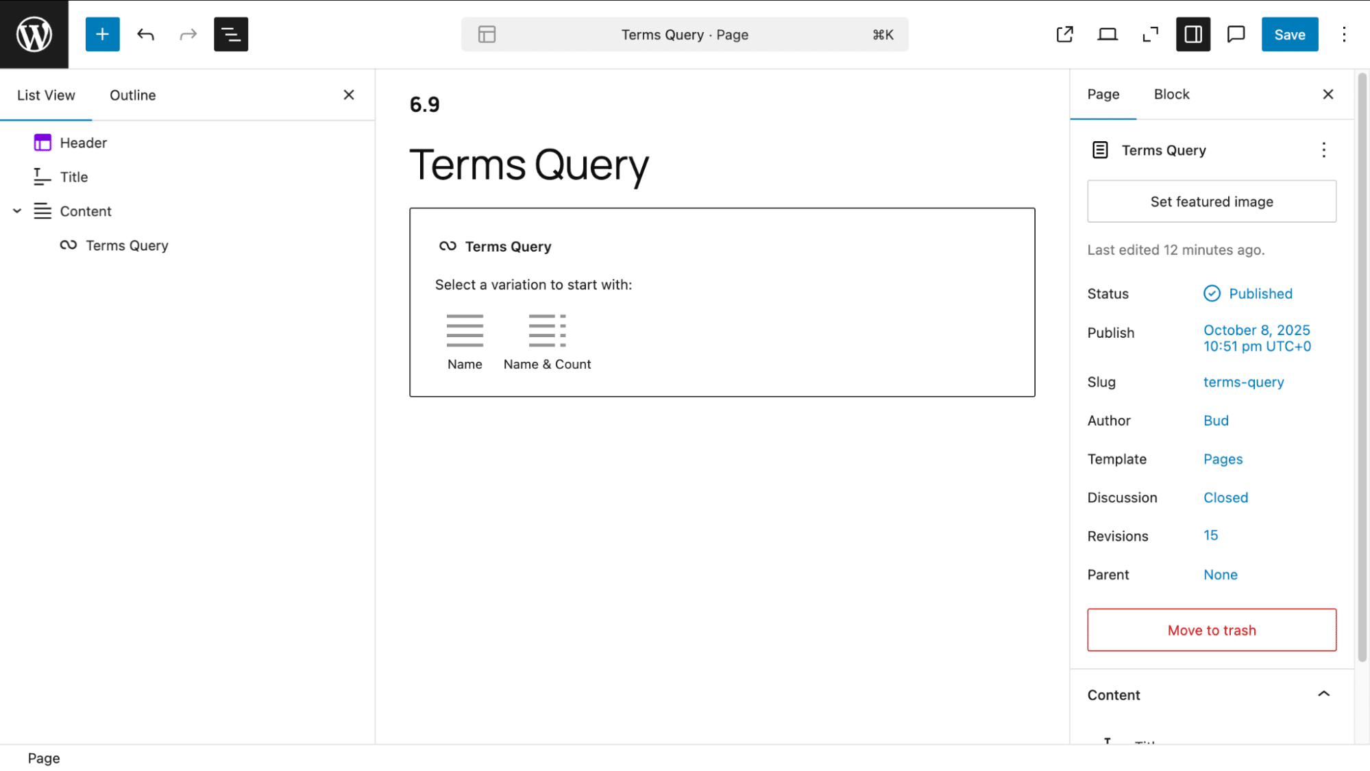 Terms query WP 6.9