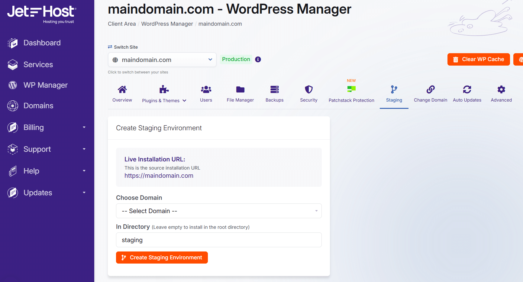 JetHost WP Manager create staging