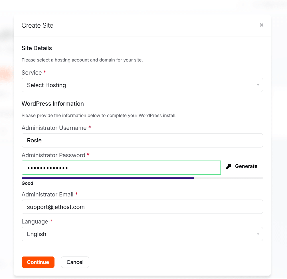 JetHost WordPress Manager Install WP