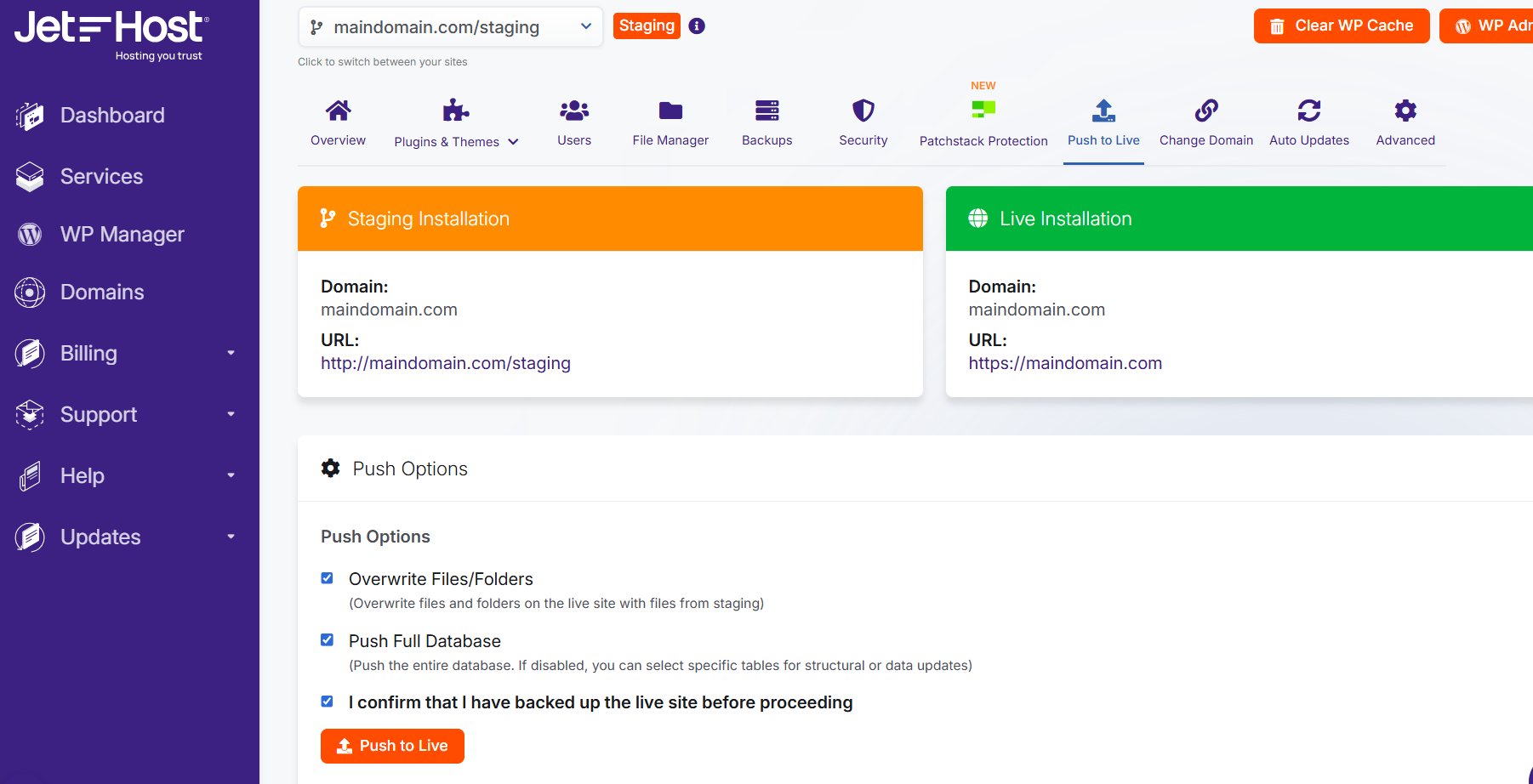 JetHost WordPress Manager push to live
