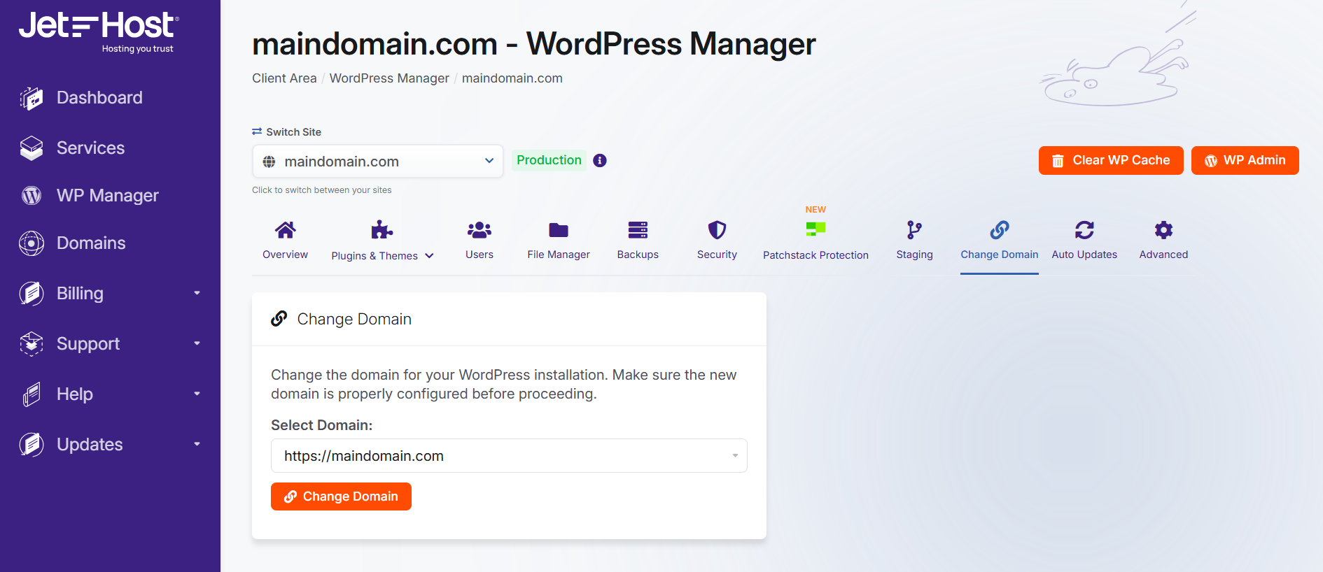 JetHost WordPress Manager change main domain
