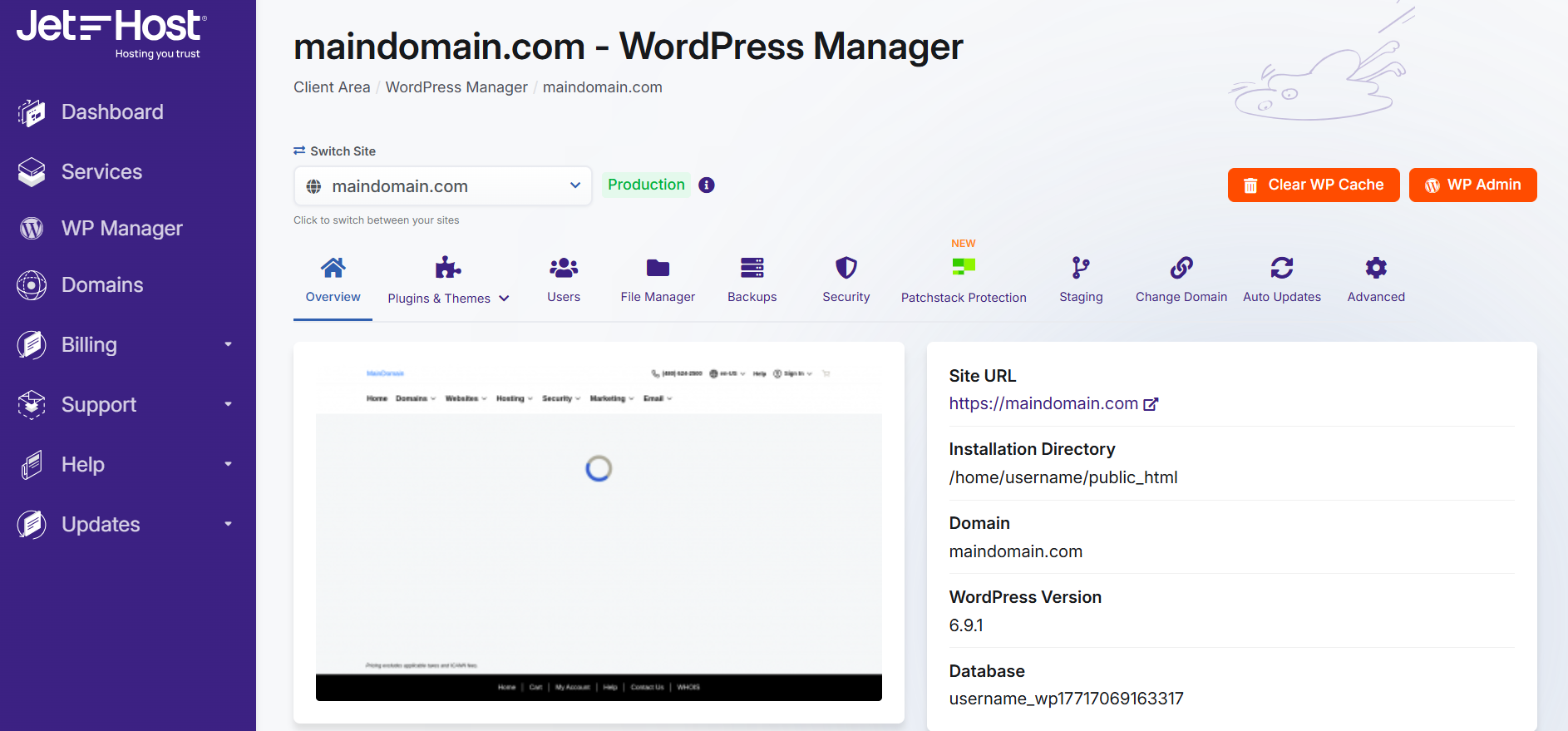 WordPress Manager JetHost Overview tab
