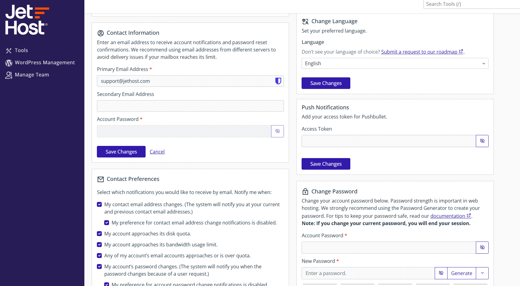 cPanel account preferences