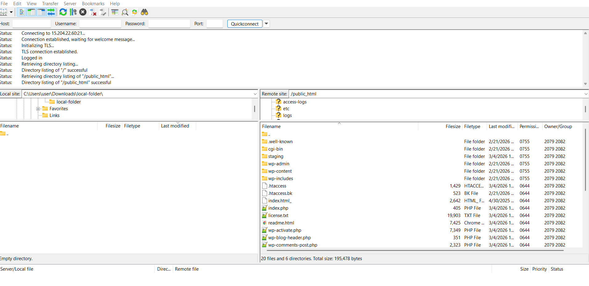 FileZilla connected browse remote folder
