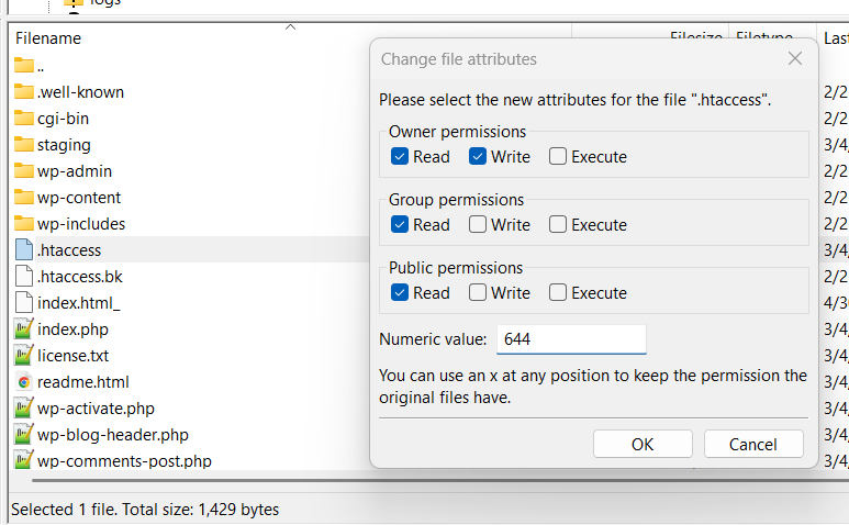 FileZilla change permissions