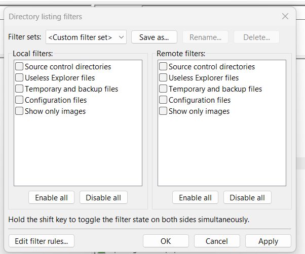 FileZilla directory listing filters