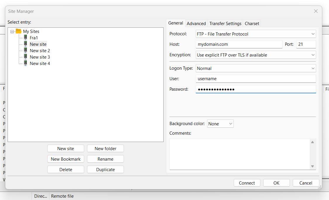 FileZilla Site Manager