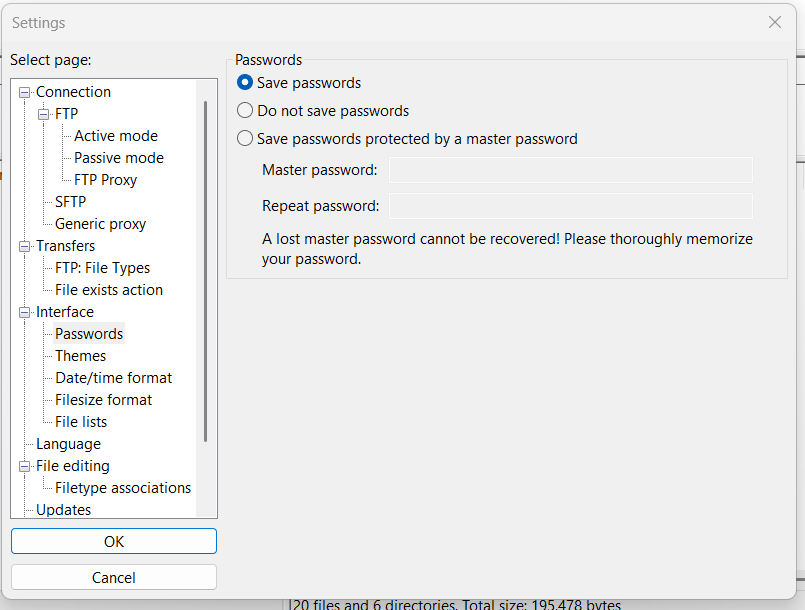 FileZilla save passwords