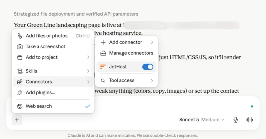 Claude chat with JetHost AI Connector enabled