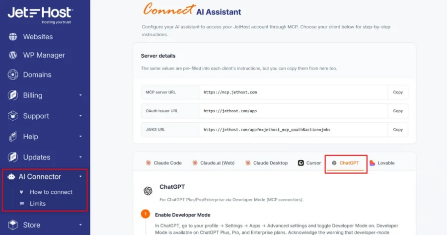JetHost AI Connector ChatGPT