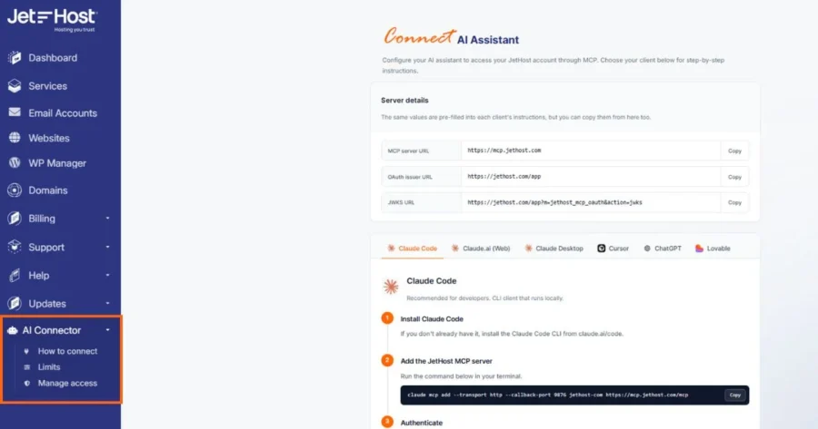 JetHost AI Connector to Claude