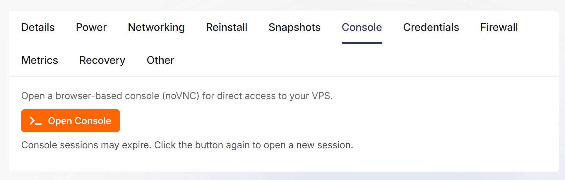 VPS Console tab with the Open Console button