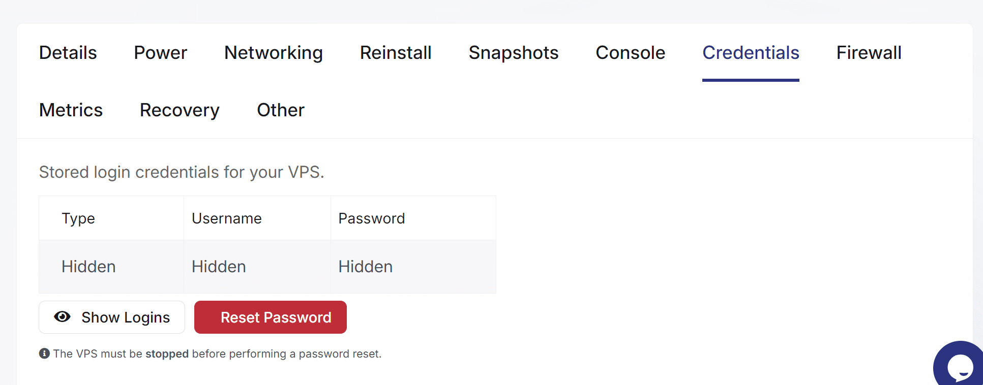 VPS Credentials tab with Show Logins and Reset Password