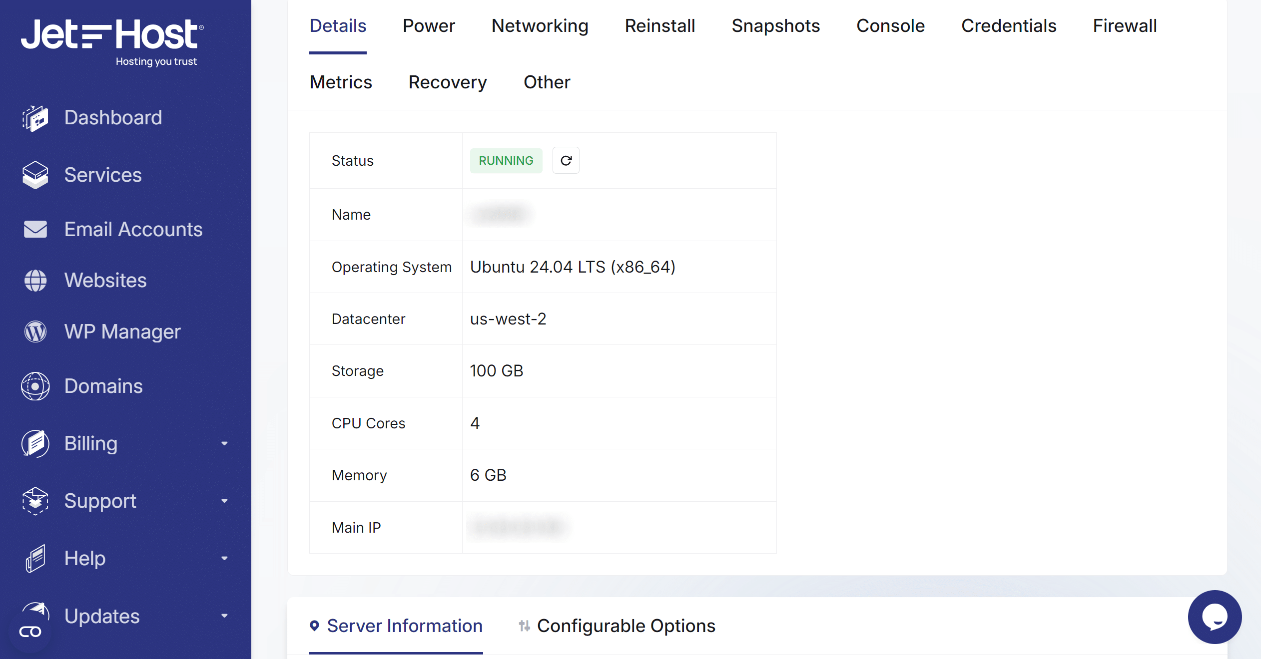 VPS Details tab showing operating system, datacenter, storage, CPU cores and memory