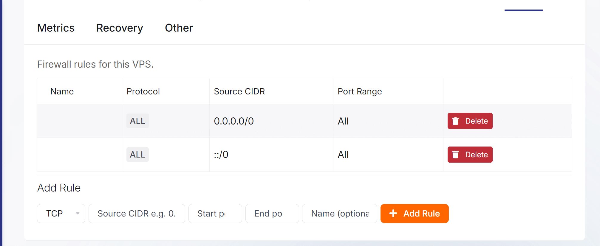 VPS Firewall tab showing rules and the Add Rule form