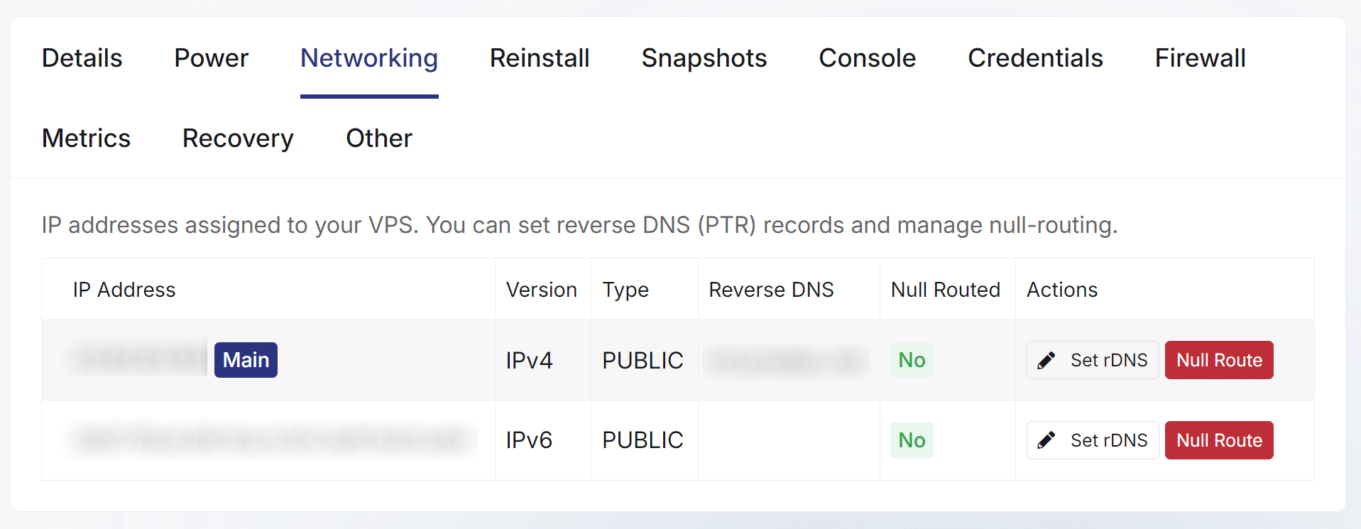 VPS Networking tab showing IP addresses, reverse DNS and null routing