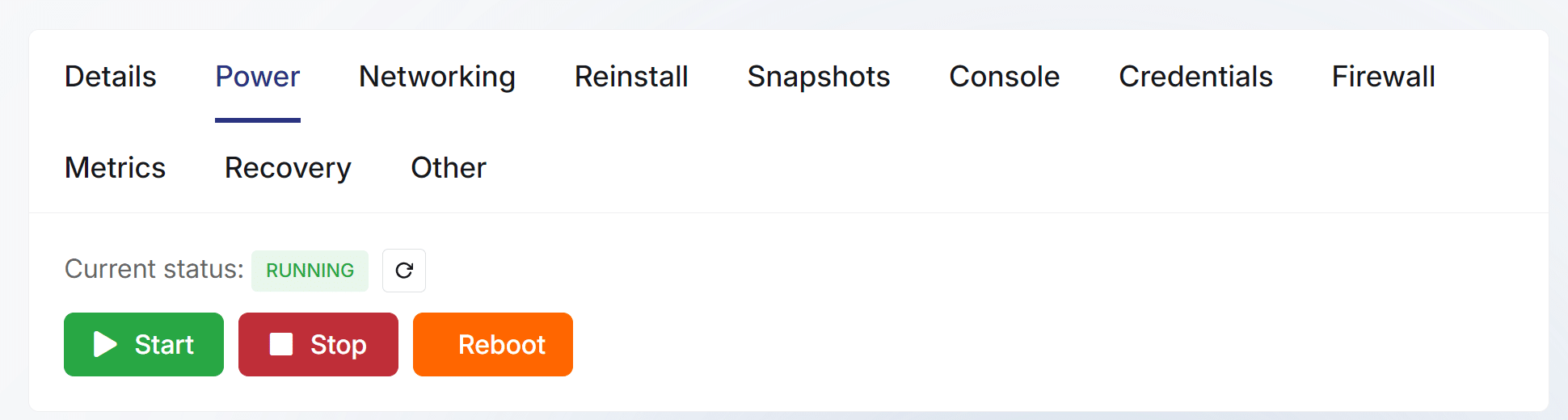 VPS Power tab with Start, Stop and Reboot buttons