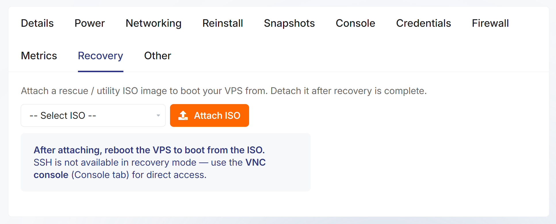 VPS Recovery tab to attach a rescue or utility ISO image