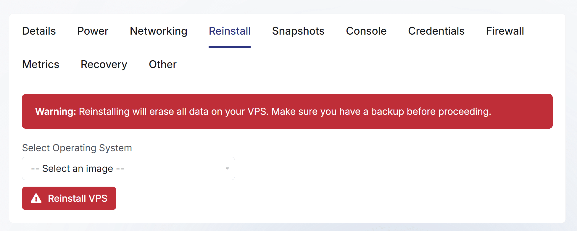 VPS Reinstall tab with operating system selection and data-loss warning