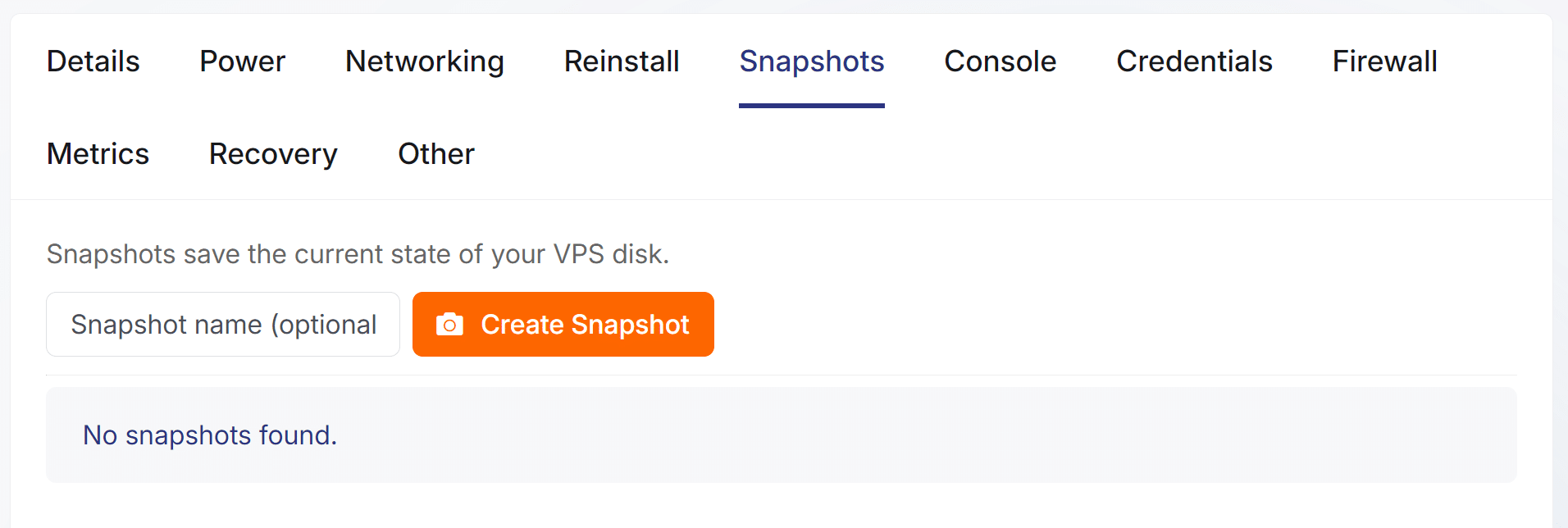 VPS Snapshots tab with Create Snapshot button