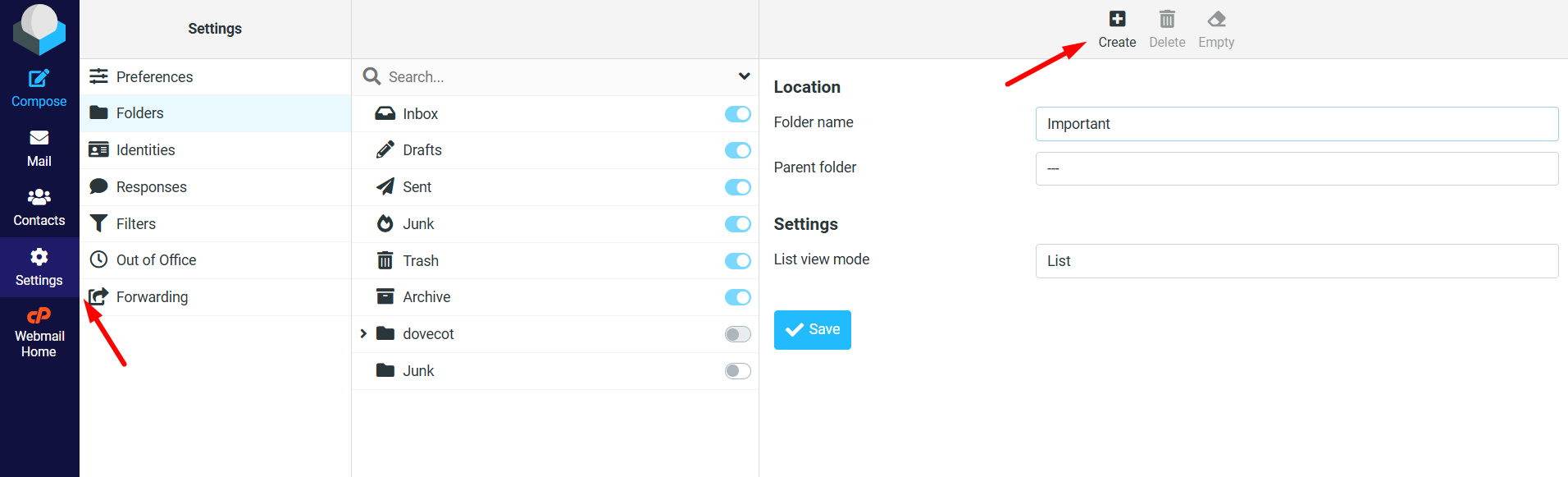 Create folder in RoundCube