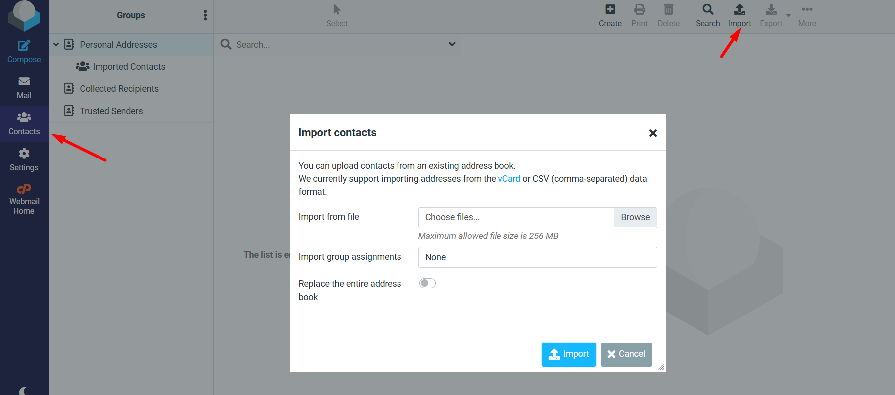 Import contacts in Roundcube