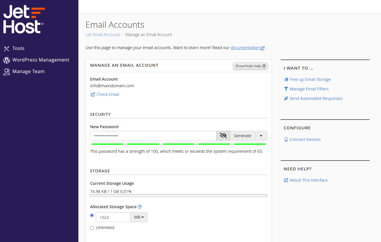 Change email password JetHost