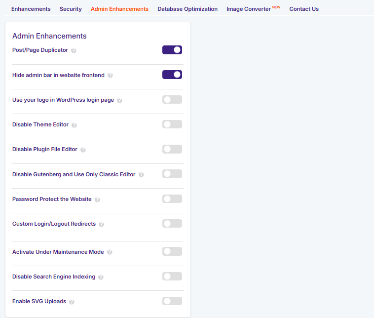 JetHost Total Care Admin Enhancements tab settings